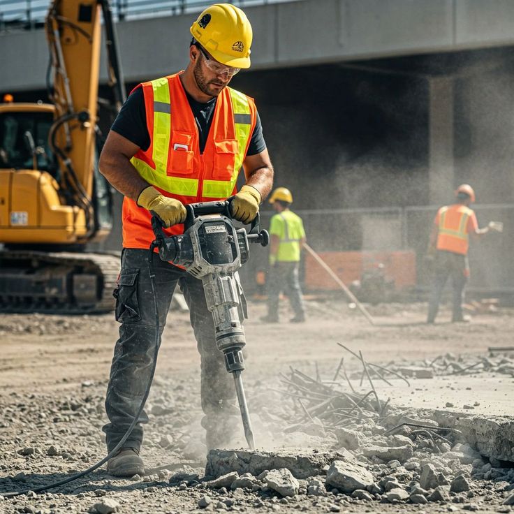 Construction worker operating jackhammer at construction site